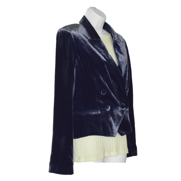 C0 Auth LAGENCE Ink Blue Velvet Double Breasted Cropped Jacket Blazer Size 6 - Picture 2 of 8